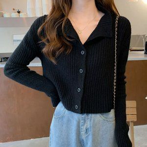 Buttoned Polo-Collar Cardigan in Black | Women Knit Top Sweater